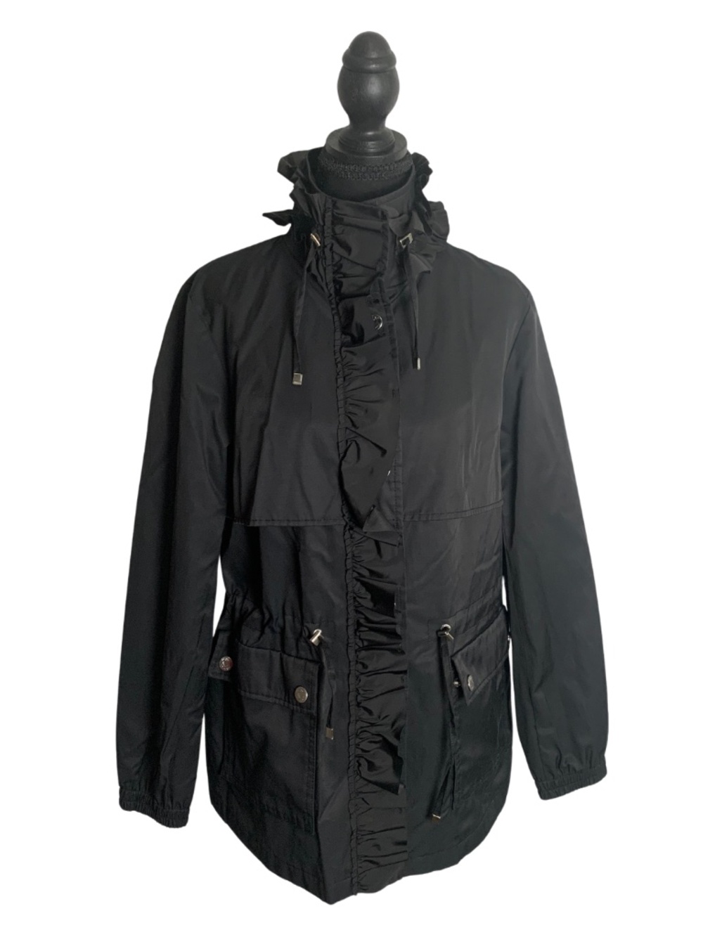 Betsey Johnson Black Ruffle-Front Utility Jacket Women's M Feminine Minimalist